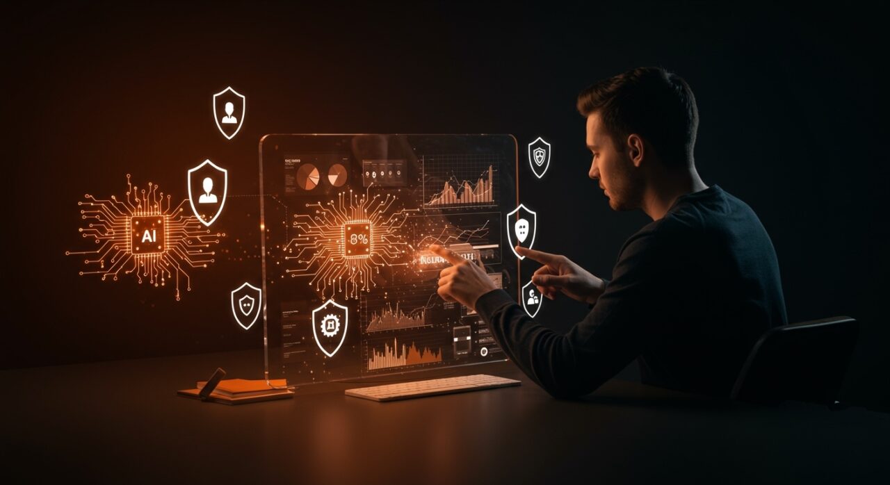 Fundador tecnológico interactuando con interfaz digital de seguro para startups impulsado por inteligencia artificial y financiamiento.