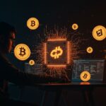 Desarrollador frente a interfaz holográfica de IA open-source rodeado de símbolos de memecoins que representan riesgos de funding con criptomonedas en startups.