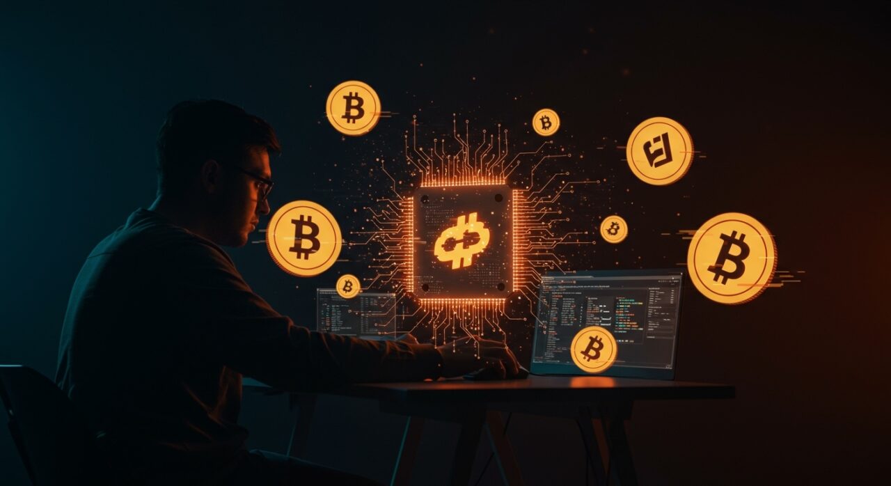 Desarrollador frente a interfaz holográfica de IA open-source rodeado de símbolos de memecoins que representan riesgos de funding con criptomonedas en startups.