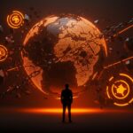 Silueta de líder con globo digital fragmentado que representa la crisis de confianza internacional en Estados Unidos tras Trump.