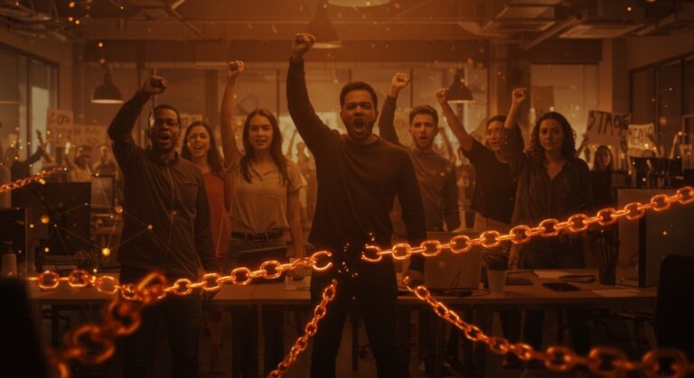 Empleados de startup Medium participando en huelga nacional, mostrando cultura organizacional y responsabilidad social en tecnología.