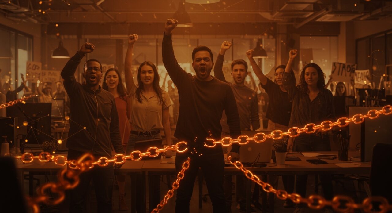 Empleados de startup Medium participando en huelga nacional, mostrando cultura organizacional y responsabilidad social en tecnología.