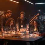 Cumbre de startups tecnológicas en Andalucía con emprendedores colaborando y elementos visuales de inteligencia artificial y networking.