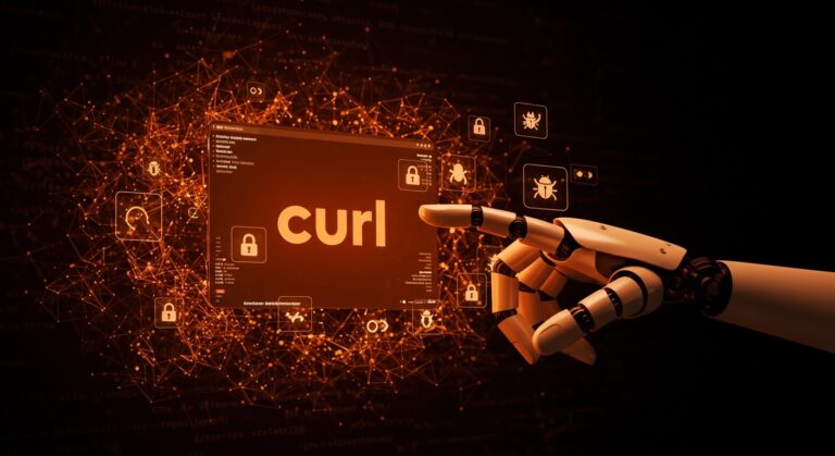 Representación visual de cURL suspendiendo su programa bug bounty debido a la avalancha de reportes generados por IA, destacando implicancias para la seguridad open source.