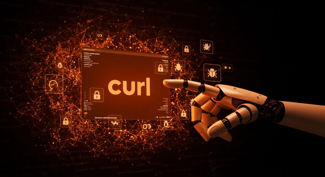 Representación visual de cURL suspendiendo su programa bug bounty debido a la avalancha de reportes generados por IA, destacando implicancias para la seguridad open source.