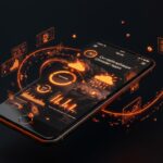 Interfaz innovadora de app climática Dark Sky con visualización de datos y diseño UX en paleta naranja y negro de Ecosistema Startup.