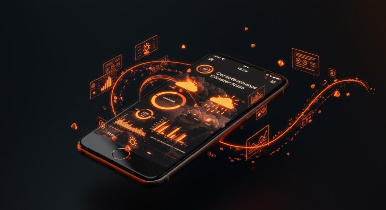 Interfaz innovadora de app climática Dark Sky con visualización de datos y diseño UX en paleta naranja y negro de Ecosistema Startup.