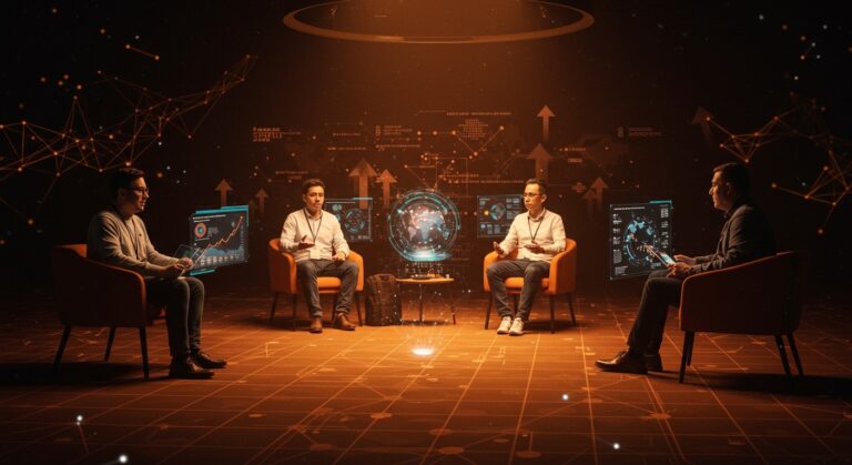 Foro Davos 2026 con emprendedores latinoamericanos interactuando con tecnología IA, mostrando la innovación en el mercado startup.