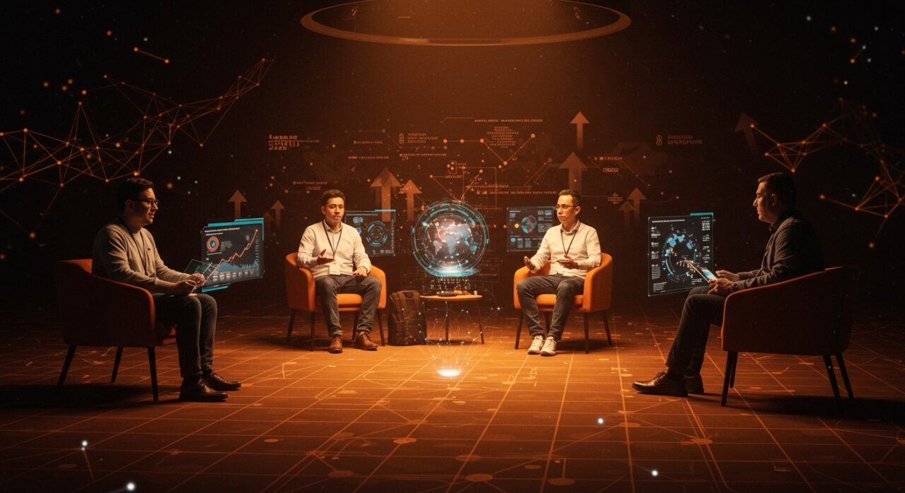 Foro Davos 2026 con emprendedores latinoamericanos interactuando con tecnología IA, mostrando la innovación en el mercado startup.