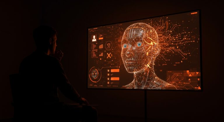 Imagen editorial de silhouette de fundador tech frente a pantalla digital con rostro deepfake y chatbot Grok, simbolizando investigación y regulación de IA en tecnología.