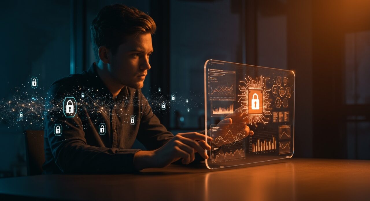 Emprendedor interactuando con hologramas de modelos de inteligencia artificial y gráficos regulatorios, simbolizando innovación y seguridad en DeepSeek IA.