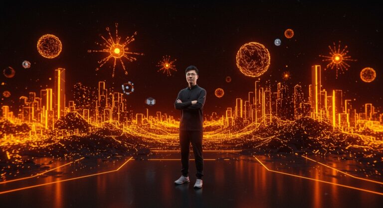 Fundador de startup china DeepSeek frente a paisaje digital que simboliza inteligencia artificial y competencia global con OpenAI y Google.