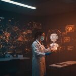 Oncólogo brasileño utilizando chatbot de IA en salud digital para apoyar la oncología asistida por inteligencia artificial.