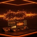 Interfaz digital futurista de detección de música generada por IA de Deezer en plataformas de streaming, destacando la integración de inteligencia artificial en el ecosistema musical.