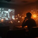 Estudiante con déficit de atención en clase de cine afectado por consumo de medios y tecnología en educación.