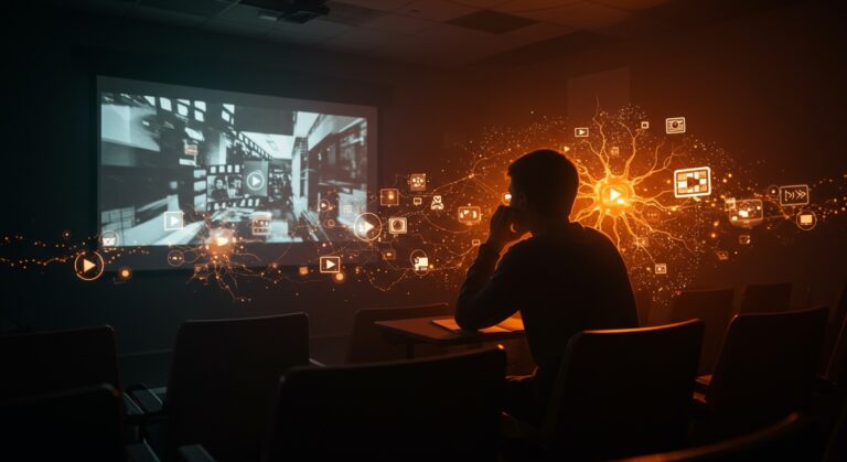 Estudiante con déficit de atención en clase de cine afectado por consumo de medios y tecnología en educación.