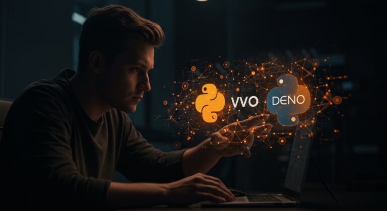 Integración visual de Deno y Python en PyPI representando la distribución third-party en el ecosistema tecnológico open source.