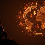 Desdolarización representada por símbolos monetarios digitales fragmentados en un entorno futurista, ilustrando la pérdida de dominio global del dólar y su impacto en startups y mercados emergentes.