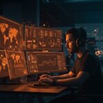 DevOps engineer trabajando en plataforma fintech AI con conexión global entre India y Latinoamérica, destacando innovación y talento tecnológico.