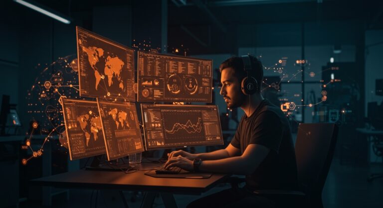 DevOps engineer trabajando en plataforma fintech AI con conexión global entre India y Latinoamérica, destacando innovación y talento tecnológico.