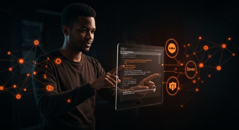 Startup founder utilizando sistema operativo Devuan sin systemd, destacando libertad y personalización en software libre.