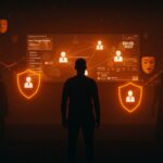 Fundador tech protegido por un escudo digital naranja frente a la vigilancia del DHS y ICE, simbolizando la privacidad online y el anonimato en redes sociales.