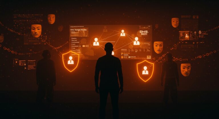 Fundador tech protegido por un escudo digital naranja frente a la vigilancia del DHS y ICE, simbolizando la privacidad online y el anonimato en redes sociales.
