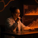 Investigador analizando tendencias recientes en diagnósticos de autismo con visualizaciones digitales en tonos naranja y negro.