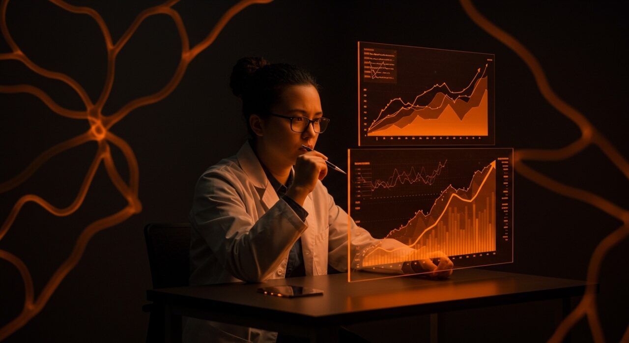 Investigador analizando tendencias recientes en diagnósticos de autismo con visualizaciones digitales en tonos naranja y negro.