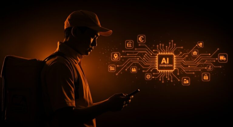 Conductor de DoorDash y red neural de inteligencia artificial ilustrando el fraude en economía on-demand y riesgos para startups.