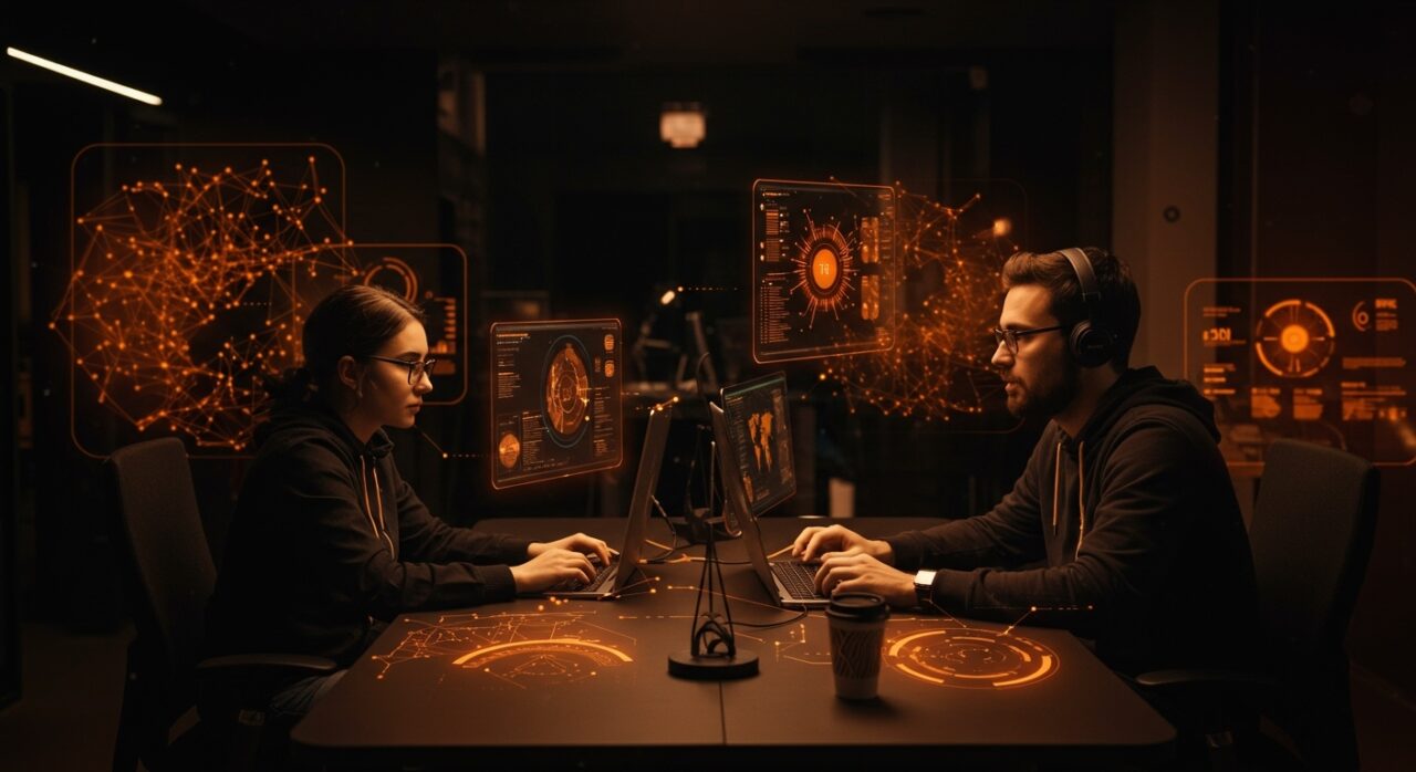 Dos startups alicantinas colaborando en un espacio innovador, representando innovación tecnológica, biotecnología e inteligencia artificial en el ecosistema startup.