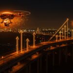 Drone con inteligencia artificial inspeccionando infraestructura civil, ilustrando innovación y expansión tecnológica en la ingeniería.