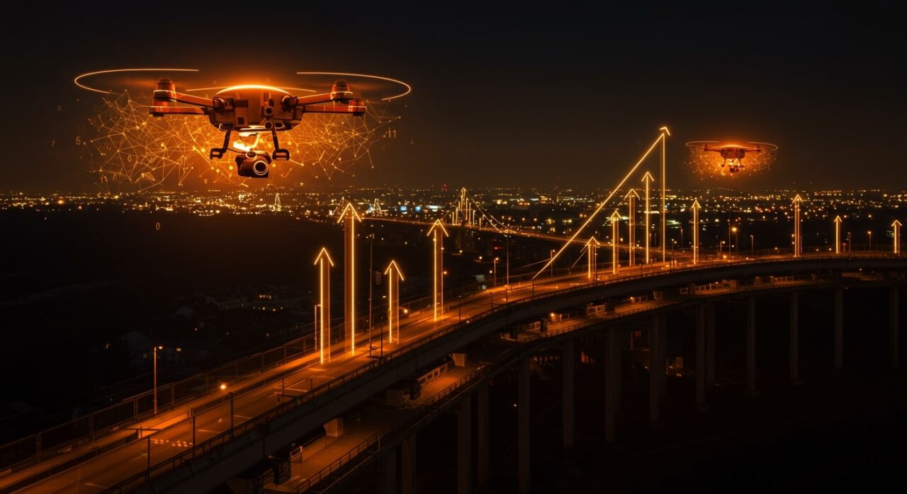 Drone con inteligencia artificial inspeccionando infraestructura civil, ilustrando innovación y expansión tecnológica en la ingeniería.