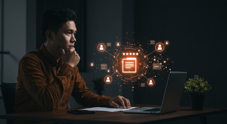 Fundador analizando feedback auténtico en software, ilustrando la economía de reseñas y la confianza en valoraciones para startups LATAM en 2026.