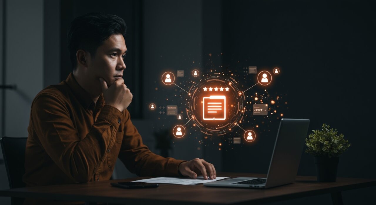 Fundador analizando feedback auténtico en software, ilustrando la economía de reseñas y la confianza en valoraciones para startups LATAM en 2026.