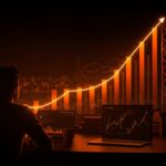 Founder latinoamericano observando un horizonte económico global resiliente, con metáforas visuales de crecimiento y mercados globales en tonos naranja y negro.