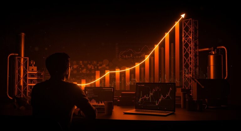 Founder latinoamericano observando un horizonte económico global resiliente, con metáforas visuales de crecimiento y mercados globales en tonos naranja y negro.