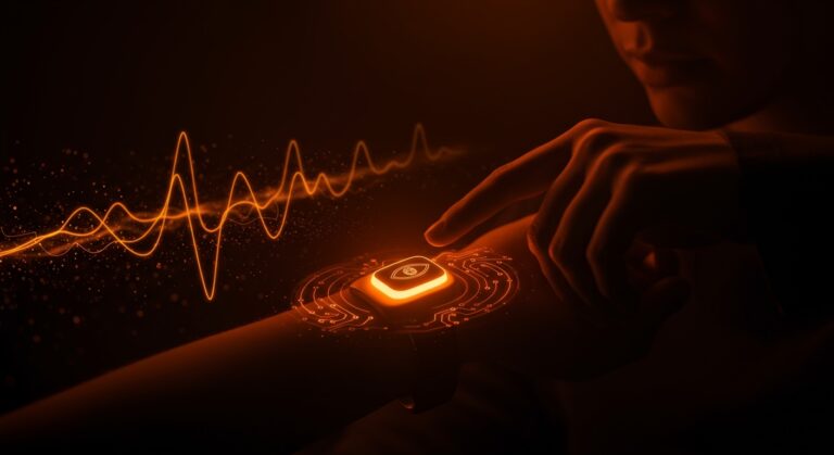 Dispositivo wearable para salud visual de Edenlux en estilo wellness tech, destacando innovación en tecnología wearable.