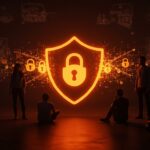 Comunidad tech unida en solidaridad por derechos digitales con símbolos digitales de protección y activismo contra la violencia institucional.