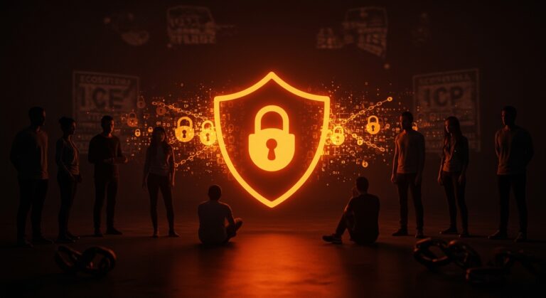 Comunidad tech unida en solidaridad por derechos digitales con símbolos digitales de protección y activismo contra la violencia institucional.