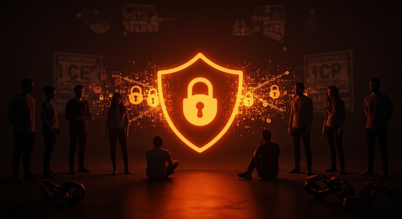 Comunidad tech unida en solidaridad por derechos digitales con símbolos digitales de protección y activismo contra la violencia institucional.