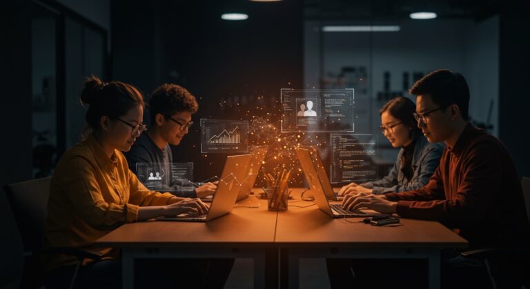 Equipos junior de desarrollo de software utilizando IA aplicada para escalar talento y acelerar la automatización en tecnología.