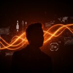 Elon Musk simbolizado con interfaces holográficas fusionando SpaceX, Tesla y xAI en un entorno tecnológico de alta innovación.