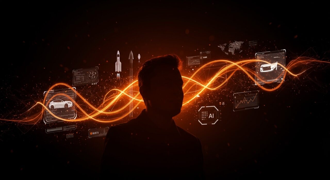 Elon Musk simbolizado con interfaces holográficas fusionando SpaceX, Tesla y xAI en un entorno tecnológico de alta innovación.