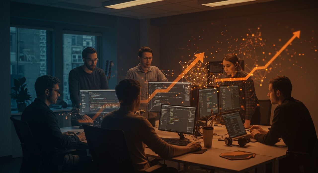 Equipo de ingenieros fullstack y machine learning colaborando en ambiente tecnológico en Nueva York, oportunidades de empleo tech en startup respaldada por Y Combinator.