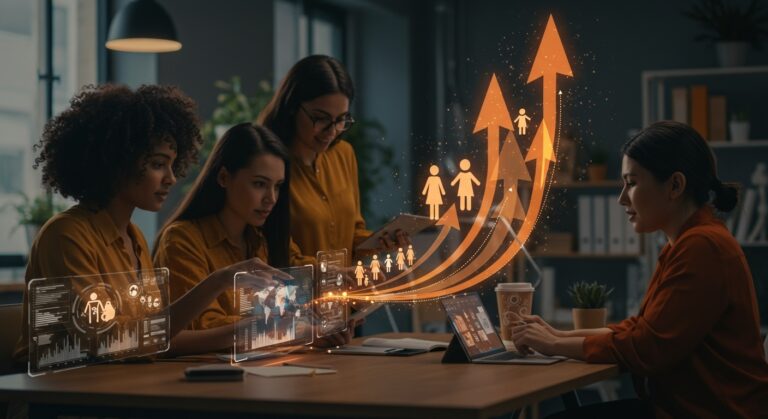 Emprendedoras colaborando en innovación para salud, mujeres e infancia con impacto en startups 2026.