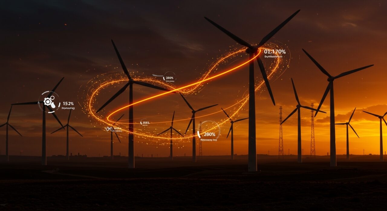 Parque eólico moderno en España con flujos de energía naranja representando ahorro eléctrico y sostenibilidad en el sector eólico startup.