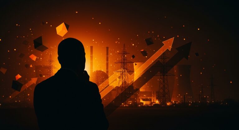 Líder reflexionando sobre la energía nuclear y la transición energética en Alemania con símbolos de costos y seguridad energética.