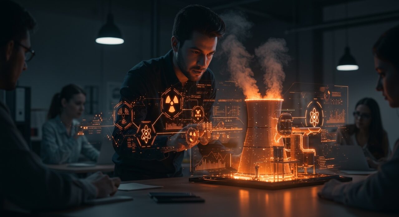 Founder tech analizando un modelo futurista de reactor nuclear digital, simbolizando la innovación energética y la flexibilización regulatoria para startups.