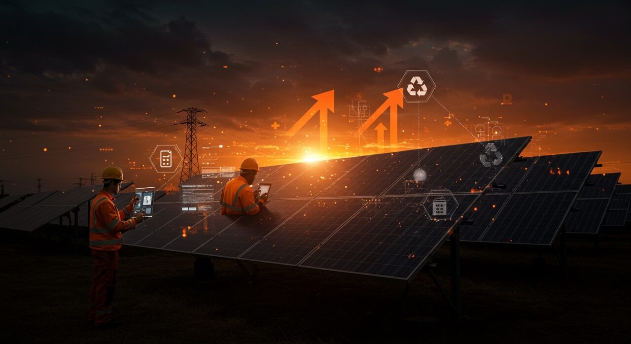 Granja solar en EE.UU. aportando energía renovable al crecimiento de demanda eléctrica en 2025 con enfoque en sostenibilidad y almacenamiento energético.